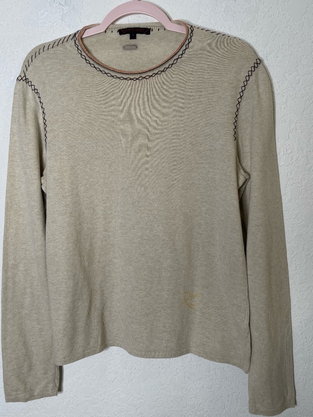 Roberto Cavalli Italy Beige Knit Sweater S Cotton Blend Whipstitch Designer